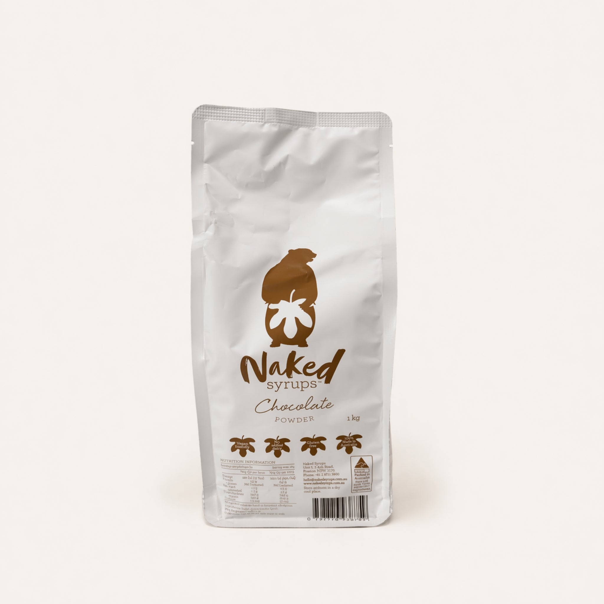 Naked syrups chocolate powder packaging on a white background