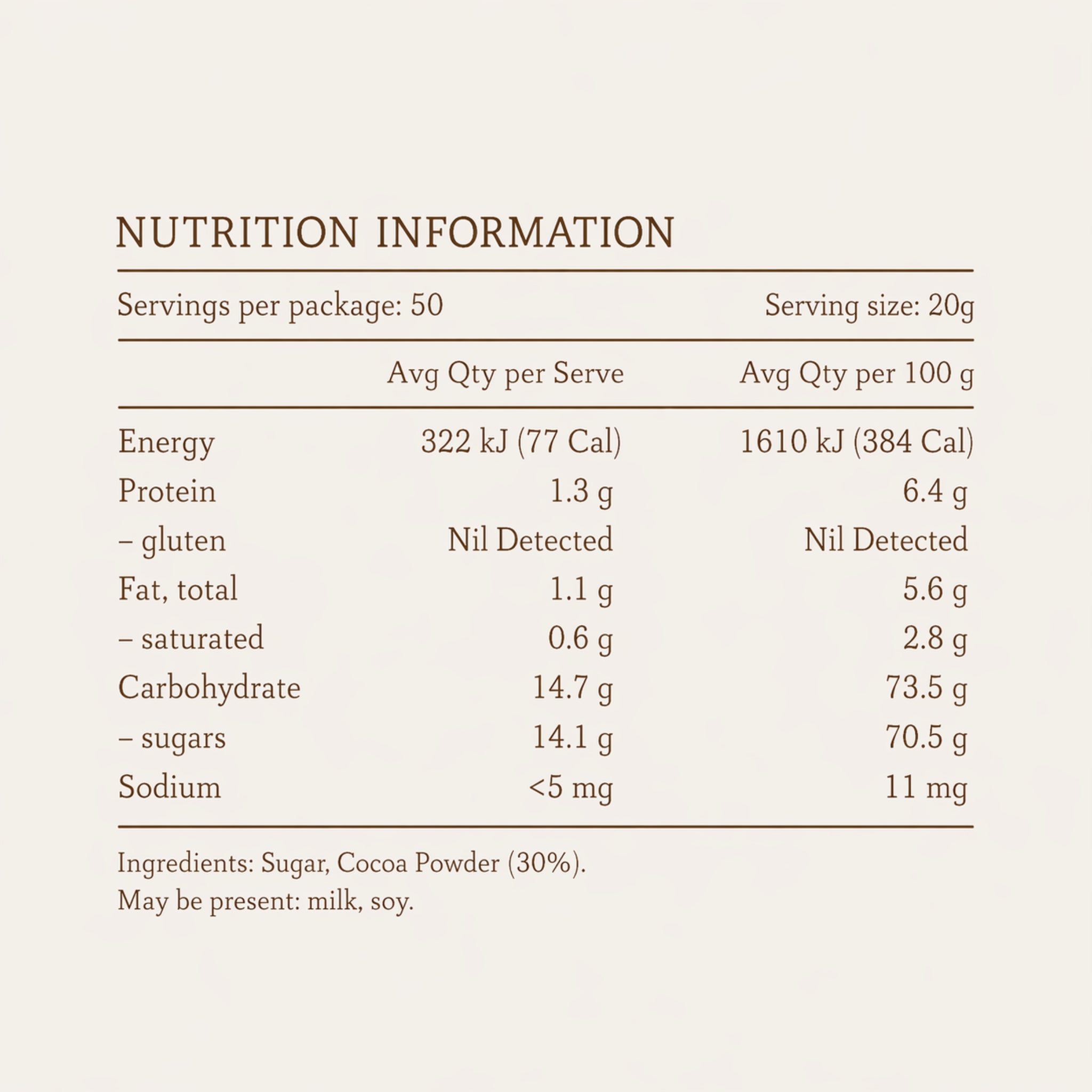 Nutrition information table for a chocolate powder product on a light beige background