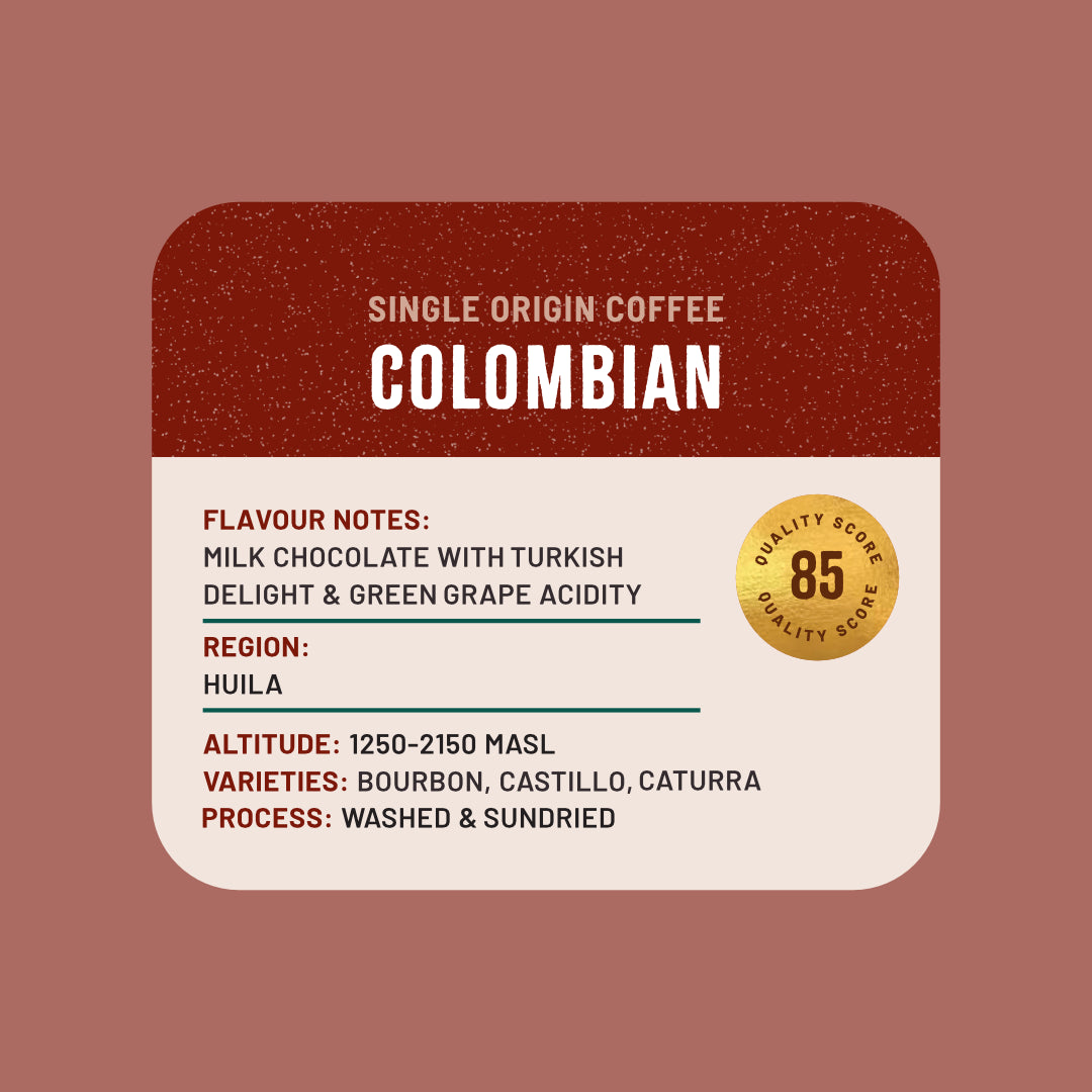 Single origin coffee label for Colombian coffee with flavor notes and quality score on a brown background