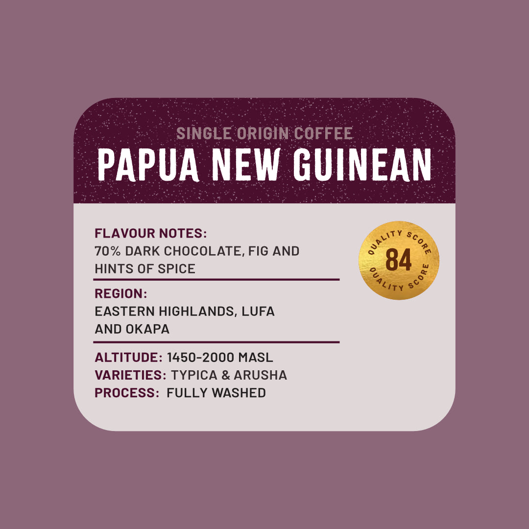 Single origin coffee label for Papua New Guinean coffee with flavor notes and quality score on a purple background.
