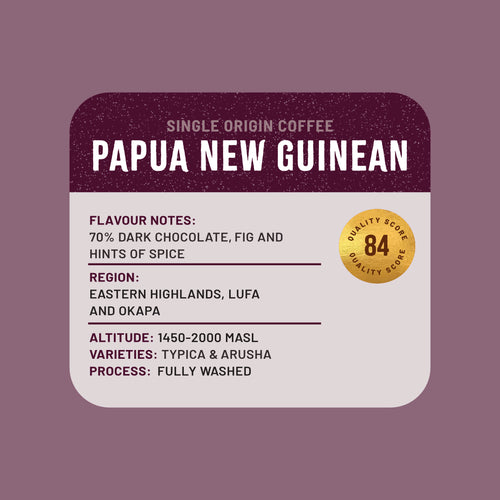 Single origin coffee label for Papua New Guinean coffee with flavor notes and quality score on a purple background.