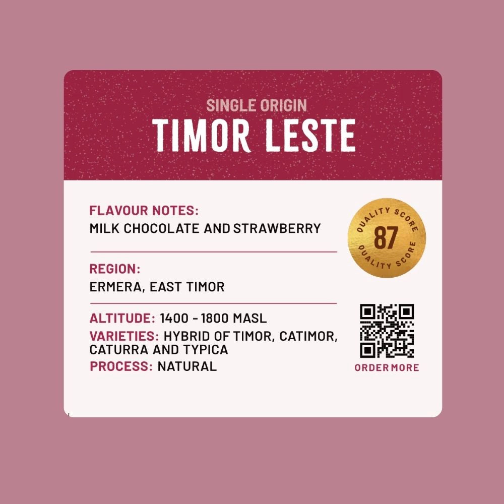 Coffee label for Timor Leste with flavor notes and quality score on a maroon background