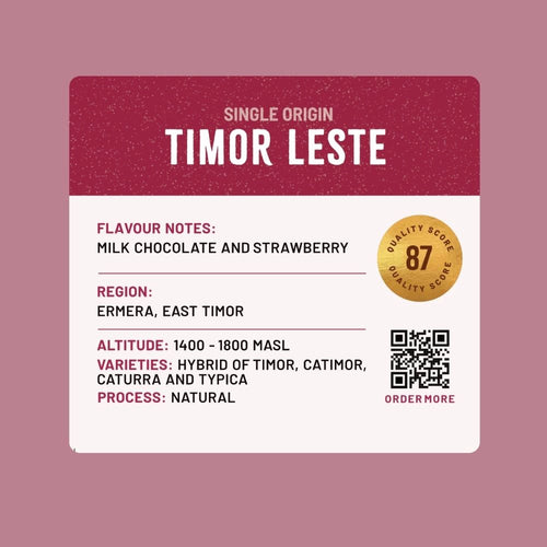 Coffee label for Timor Leste with flavor notes and quality score on a maroon background