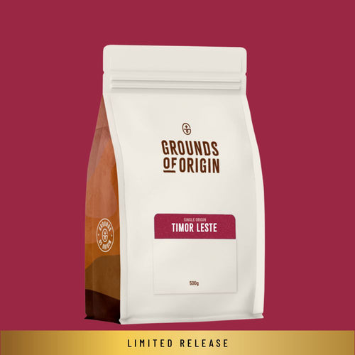 Bag of Limited Reelease Timor Leste single origin offee beans with Grounds of Origin branding. 