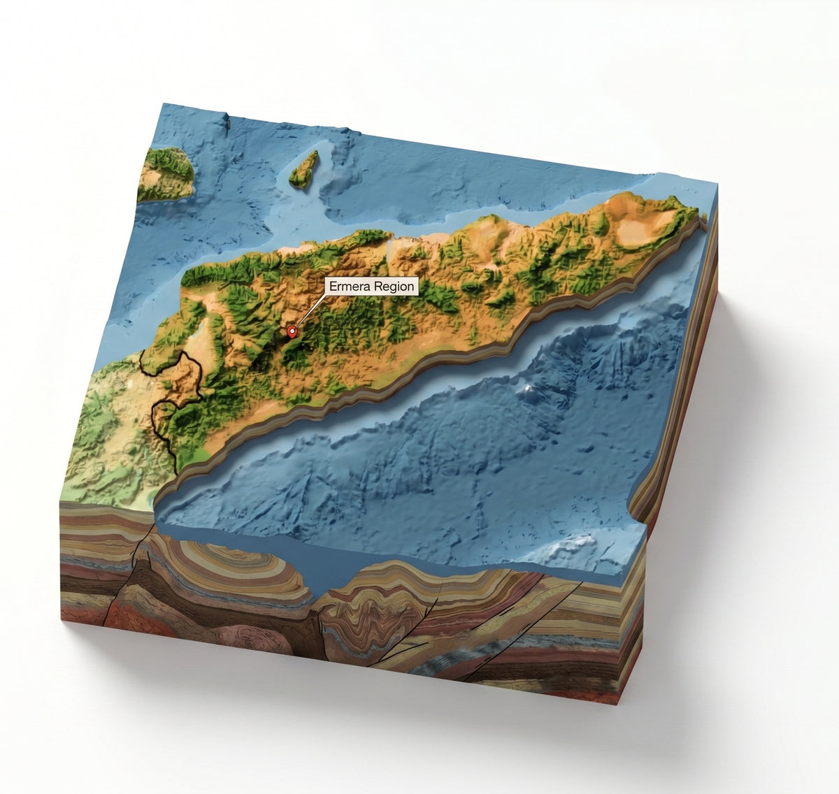 Geological cross-section model of a Timor landscape with labeled regions on a white background