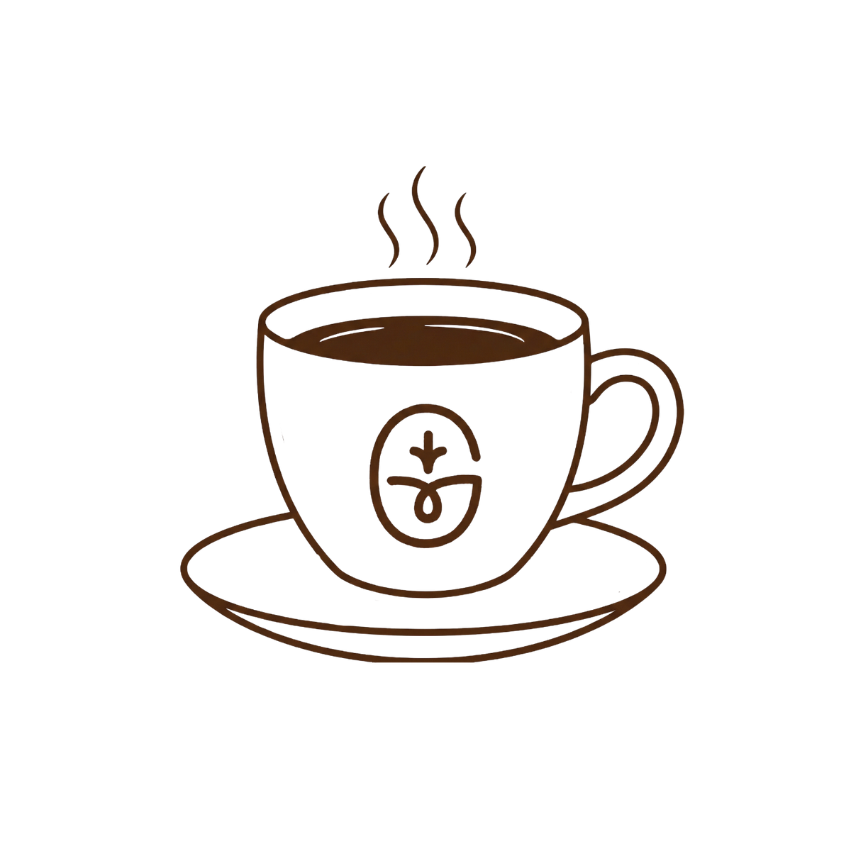 Outline of a coffee cup with steam and a logo on a white background