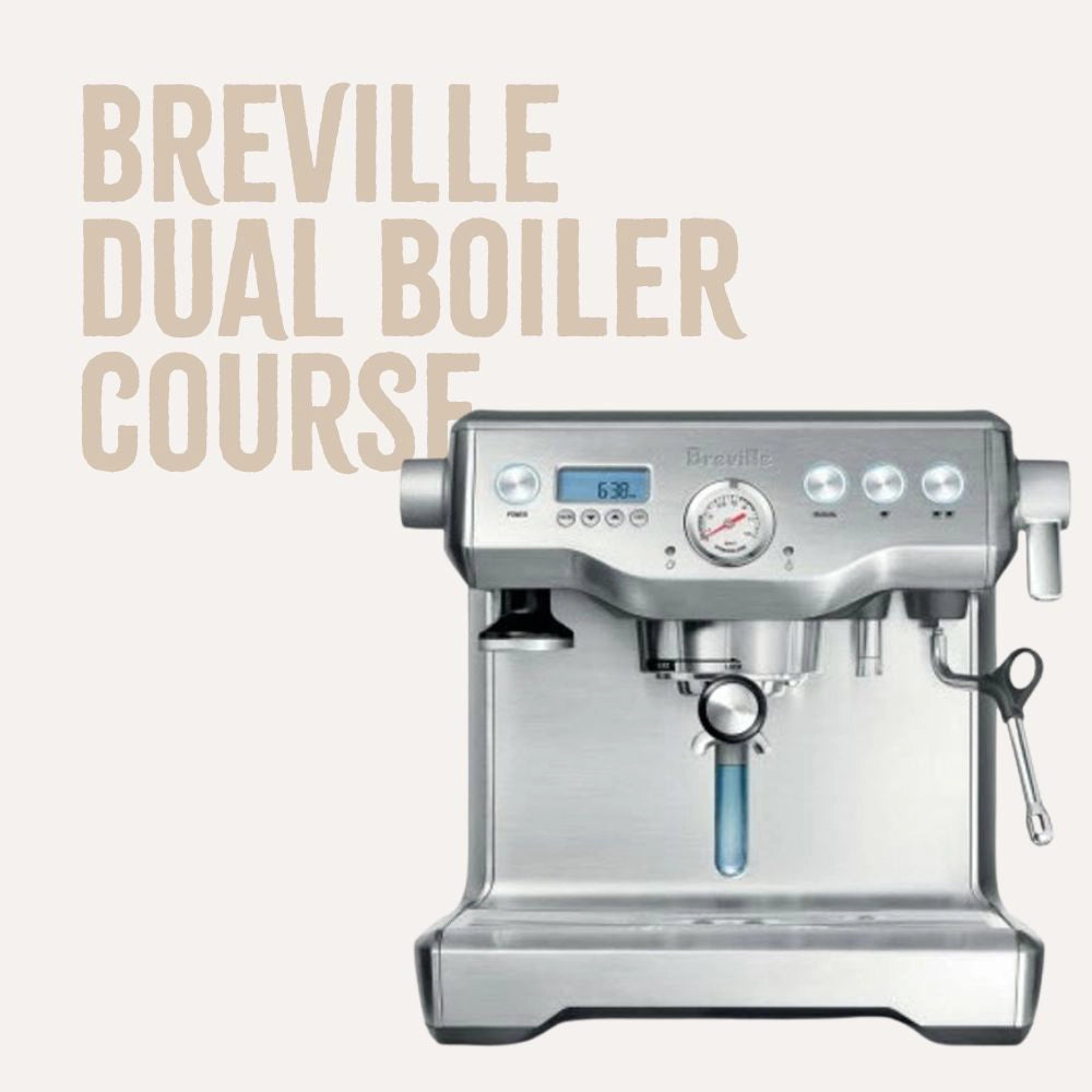Breville Dual Boiler espresso machine on a white background with course title text overlay.