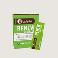 Cafetto Renew Descaler powder in a green box and sachet, a phosphate-free and biodegradable solution for descaling espresso machines, kettles, and coffee brewers. Certified for safe and efficient coffee equipment cleaning.