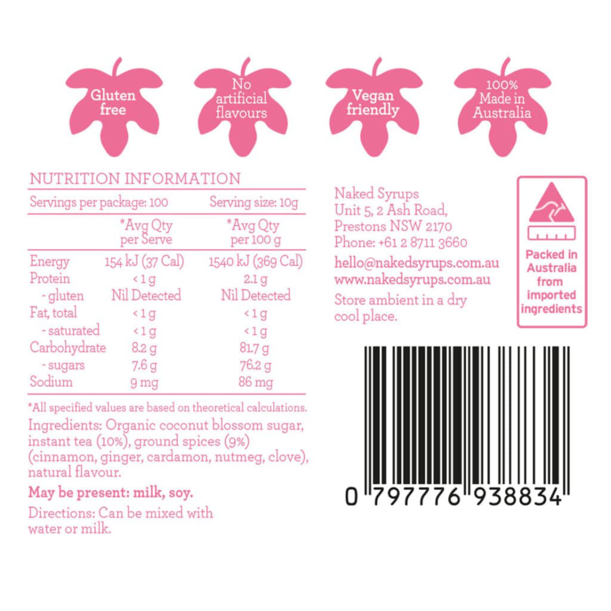 Naked Syrups label with nutritional information, ingredients, and branding details on a white background.