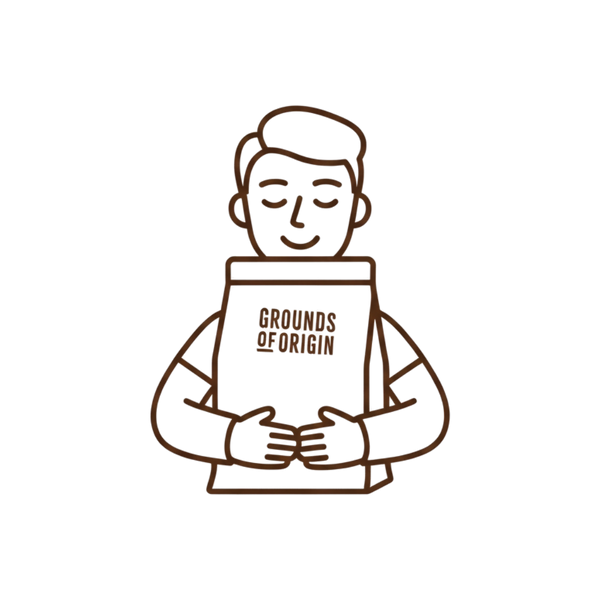 Illustration of a person holding a 'Grounds of Origin' package on a white background