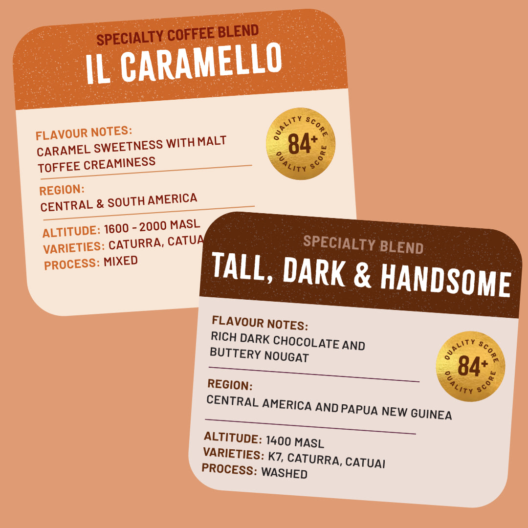 Two coffee blend labels for 'IL Caramello' and 'Tall, Dark & Handsome' on a brown background.