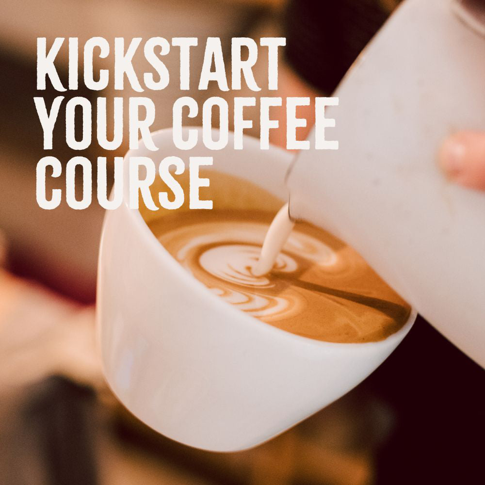 Person making a latte art design with text 'Kickstart Your Coffee Course' on a blurred background