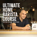 Promotional image for 'Ultimate Home Barista Course' with Ryde Jeavons holding a coffee cup in a cafe setting.
