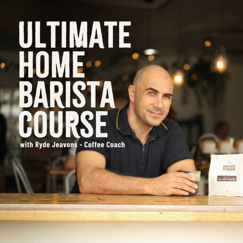Promotional image for 'Ultimate Home Barista Course' with Ryde Jeavons holding a coffee cup in a cafe setting.
